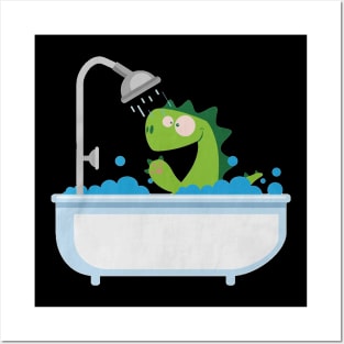 Dinosaur is taking a bath black Posters and Art